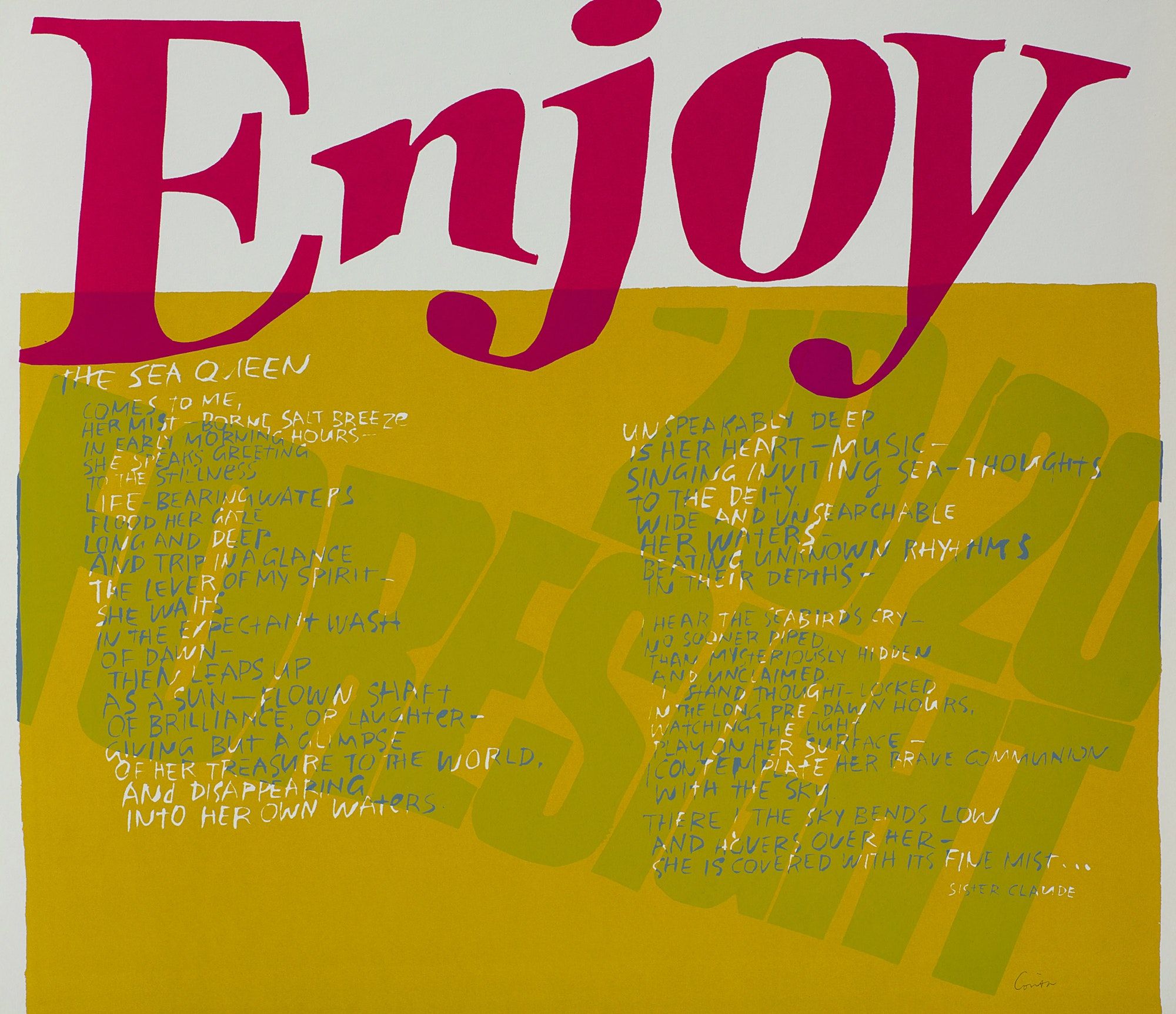 A print in cherry red and chartreuse with large text reading 'Enjoy' and a poem called The Sea Queen in small scratchy text