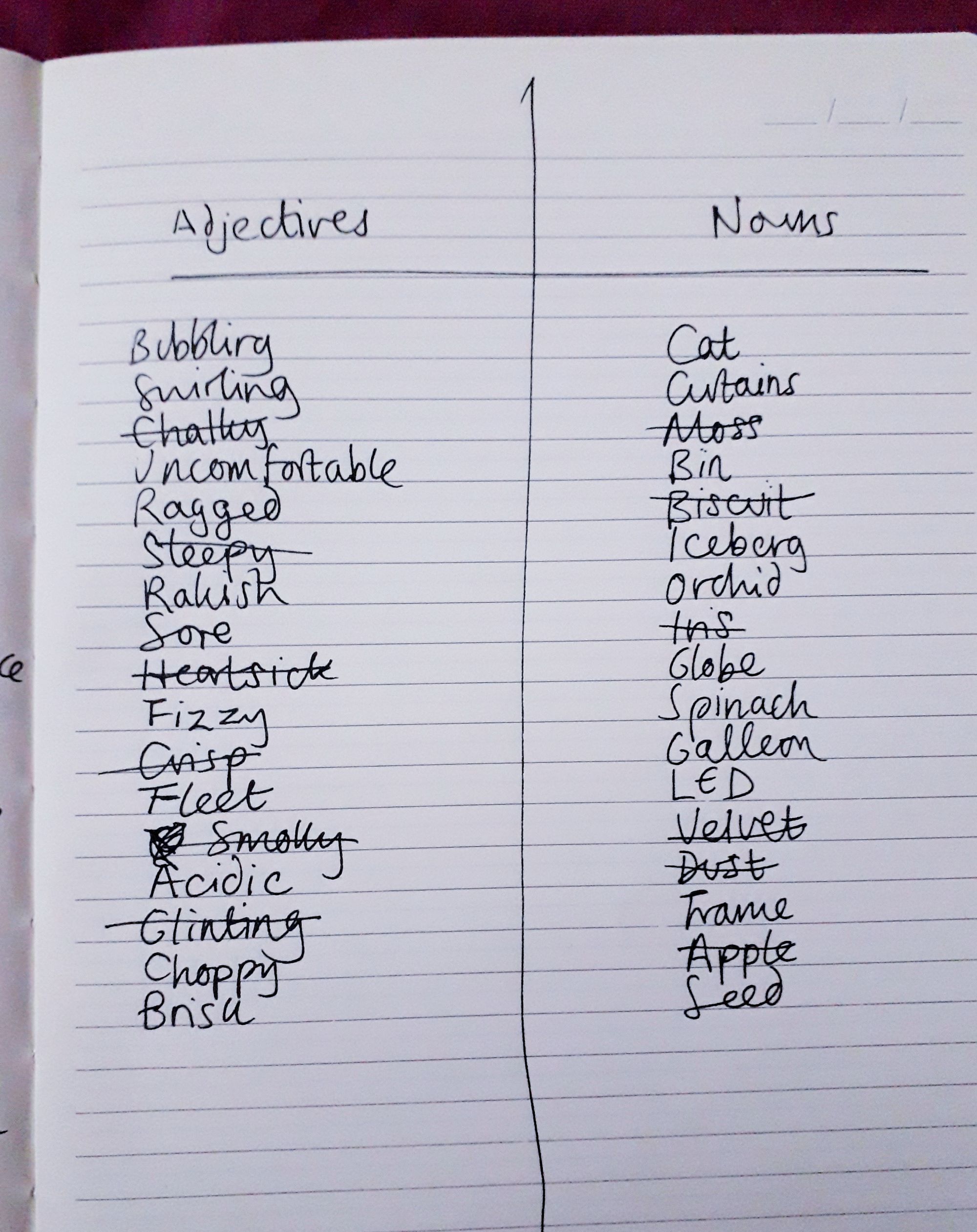 Photo of a page from a lined journal with a list of adjectives on the left and a list of nouns on the right.
