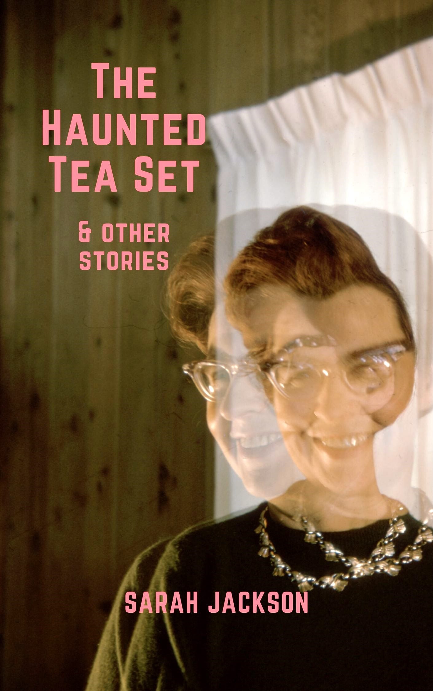 Book cover shows a vintage photograph of a smiling white woman in elegant clothes and cats eye glasses with a ghostly double 