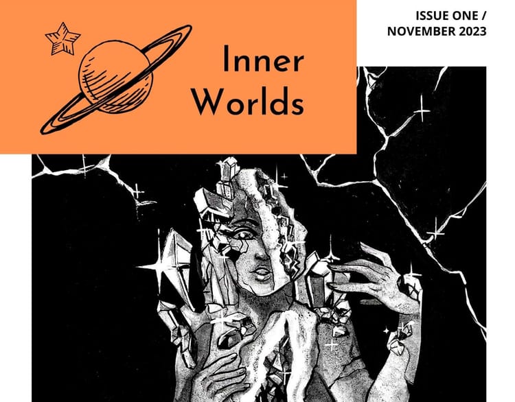 Orange banner reading Inner Worlds above a black and white picture of a person transforming into crystals
