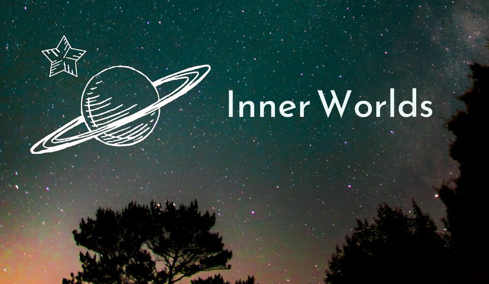 A green starry night sky with an orange glow and silhouetted trees below, Inner Worlds with planet logo